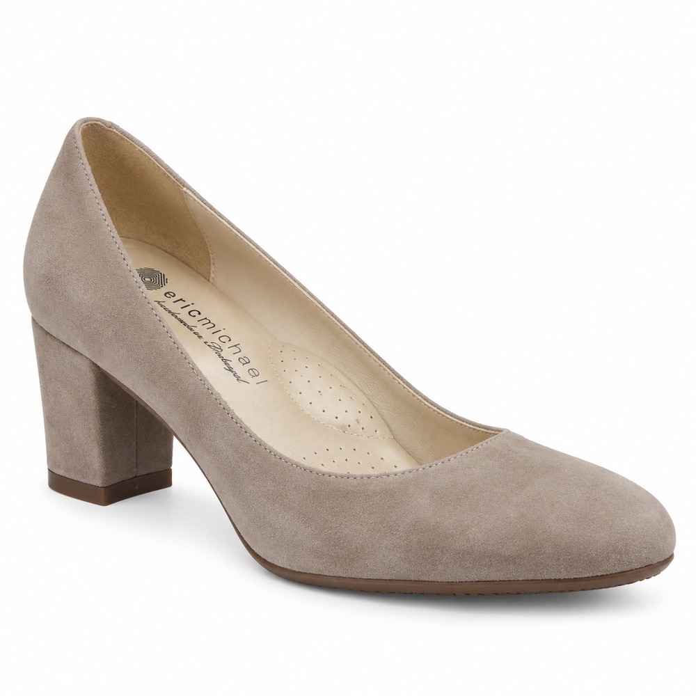 Eric Michael Womens Pump 39(8.5) Suede Taupe Block Heel Round Toe Classic Career
